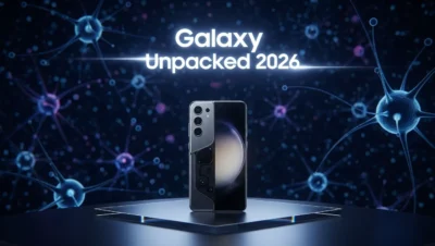 Smartphone Samsung Galaxy S26 posicionado para o lançamento oficial no evento Unpacked 2026.