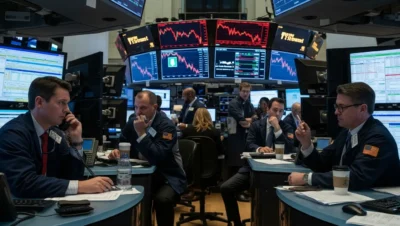 Telões de bolsa de valores exibem gráficos de queda associados a empresas de tecnologia após reação do mercado aos resultados da Microsoft