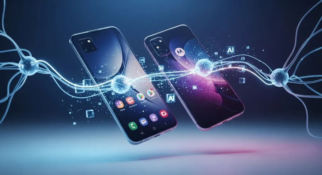 Smartphones Samsung Galaxy A e Motorola Edge exibindo efeitos de Inteligência Artificial nas telas em 2026